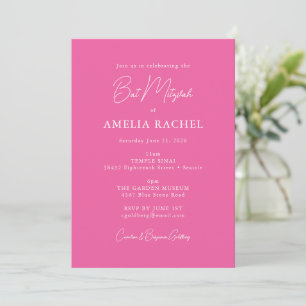 Minimalist Script Cute Hot Pink Modern Bat Mitzvah Invitation