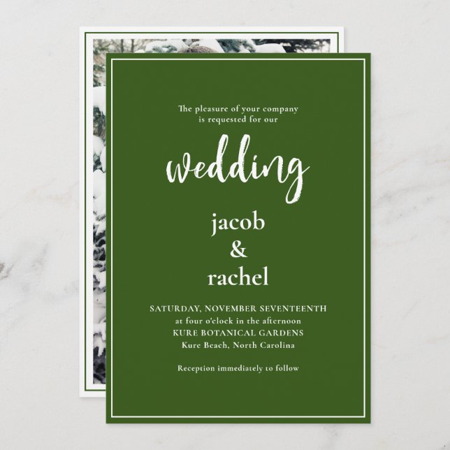 Minimalist Script Dark Forest Green Photo Wedding Invitation (Front/Back)