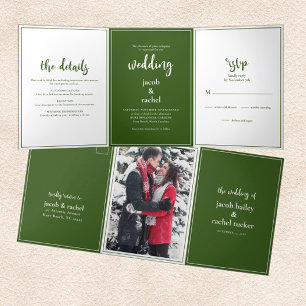 Minimalist Script Dark Green & White Wedding Tri-Fold Invitation