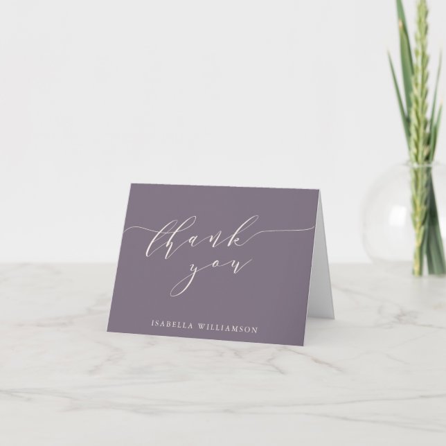Minimalist Script Dark Purple Bridal Shower Custom Thank You Card (Front)