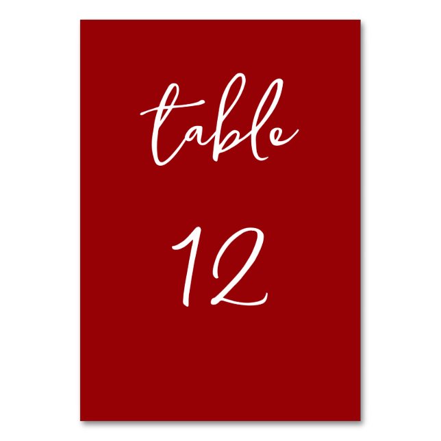 Minimalist Script Deep Red Table Number (Front)