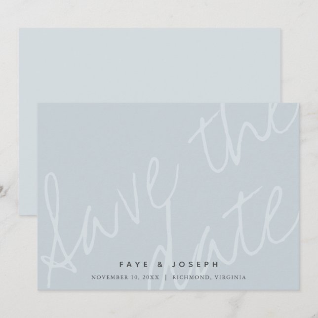 Minimalist Script Dusty Blue Save the Date Card (Front/Back)