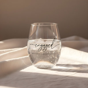 Minimalist Script "Engaged" Custom Names Stemless Wine Glass