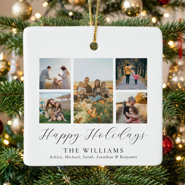 Minimalist Script Family Photo Collage Ceramic Ornament (Creator Uploaded)