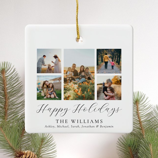 Minimalist Script Family Photo Collage Ceramic Ornament (Creator Uploaded)