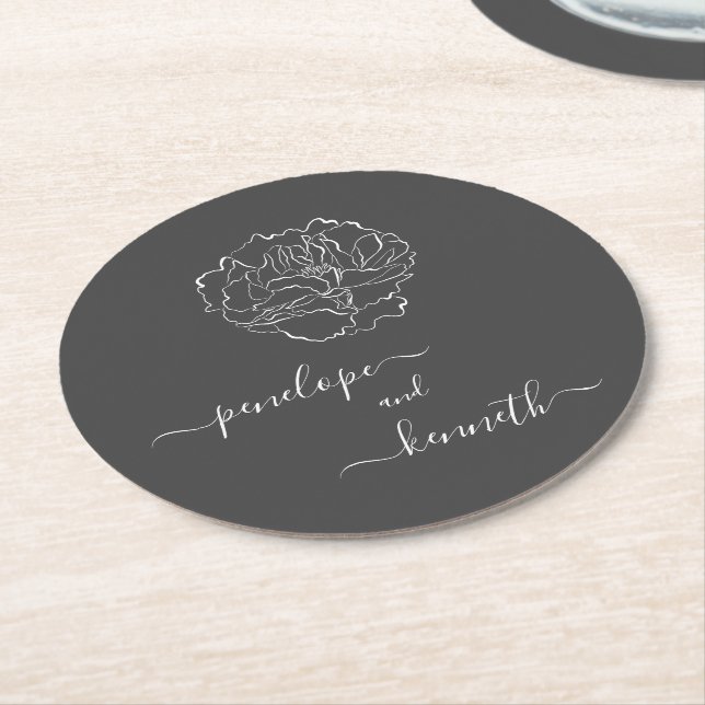 Minimalist Script Flower Black and White Wedding  Round Paper Coaster (Angled)