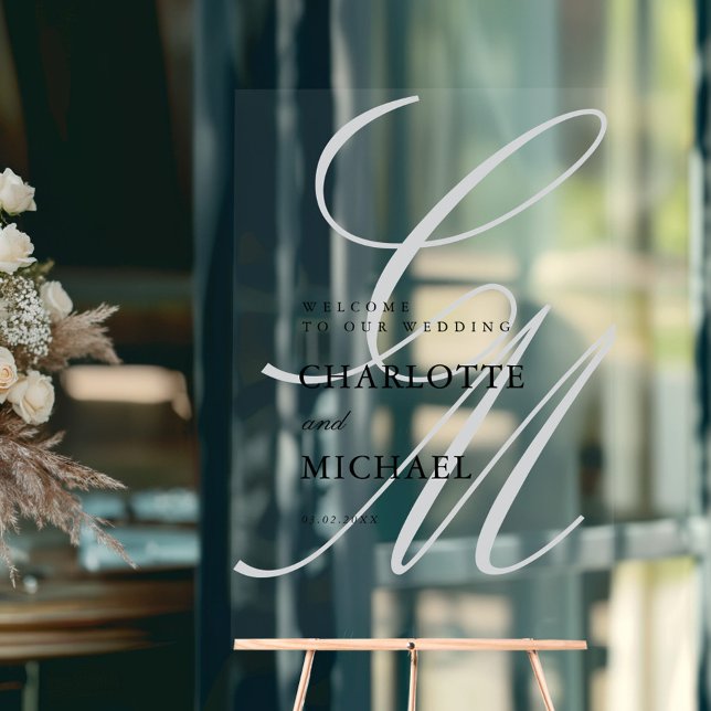 Minimalist Script Font Monogram | Elegant Wedding Acrylic Sign (Minimalist Script Font Monogram | Elegant Wedding Acrylic Sign with your name and date.)