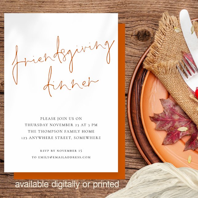 Minimalist Script Friendsgiving Dinner Orange Invitation (Available digitally and printed)
