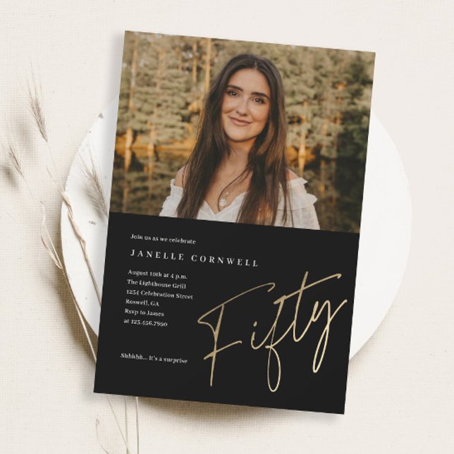 Minimalist Script Gold 50th Photo Birthday Invitation (Elegant Modern Black and Gold Script Fifty Photo 50th Birthday Party Invitation.)