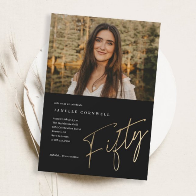 Minimalist Script Gold 50th Photo Birthday Magnetic Invitation (Elegant modern black and gold script photo 50th birthday party magnetic invitations.)