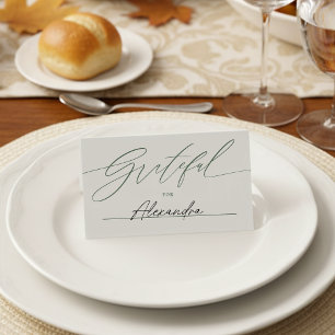 Minimalist Script Green Grateful For Thanksgiving  Place Card