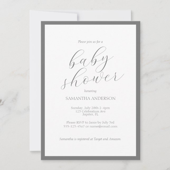 Minimalist Script Grey Baby Shower Invitation (Front)