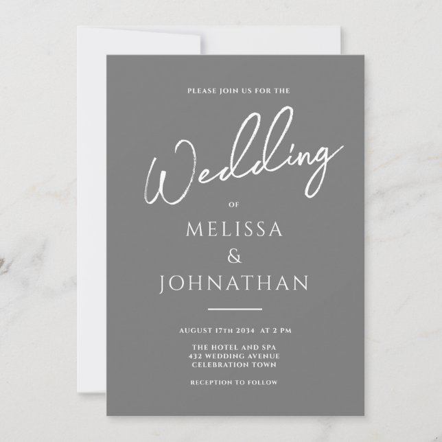 Minimalist Script Grey White Clean Elegant Wedding Invitation (Front)