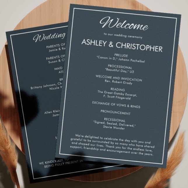 Minimalist Script Gunmetal Blue Wedding Programme (Creator Uploaded)