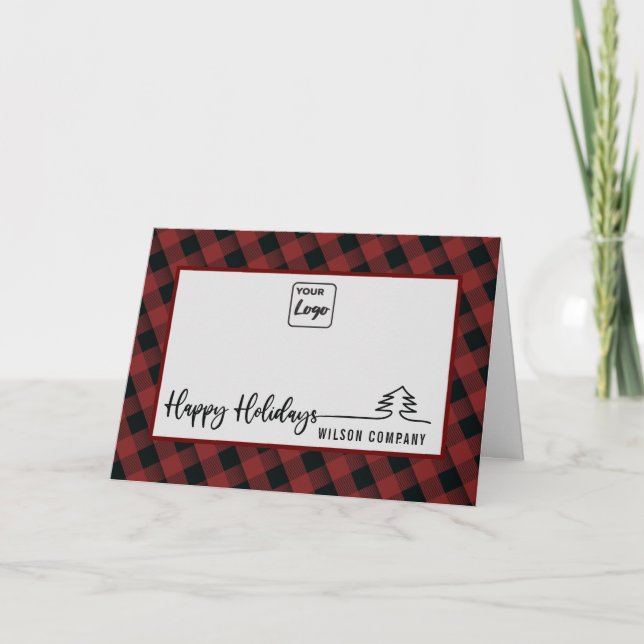 Minimalist script Happy Holidays plaid logo  Holiday Card (Front)