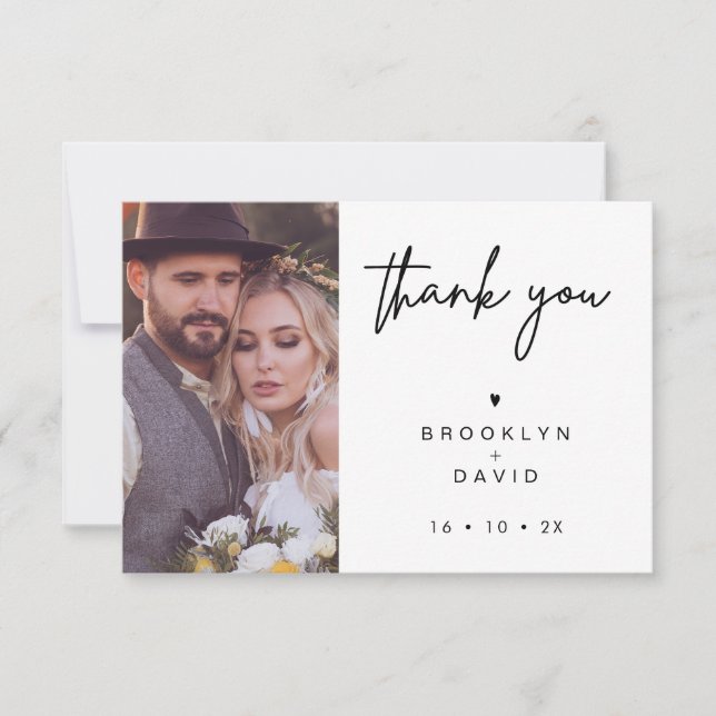 Minimalist Script Heart Wedding Thank You card (Front)
