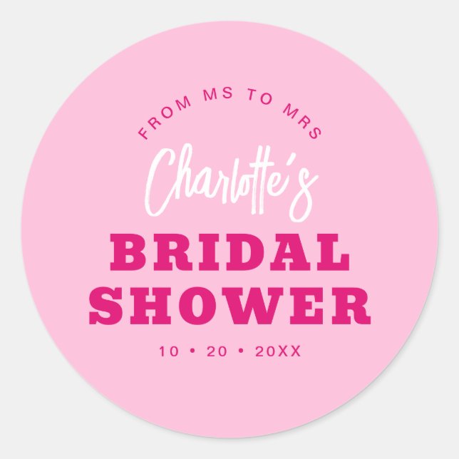 Minimalist Script Hot Pink Modern Bridal Shower Classic Round Sticker (Front)