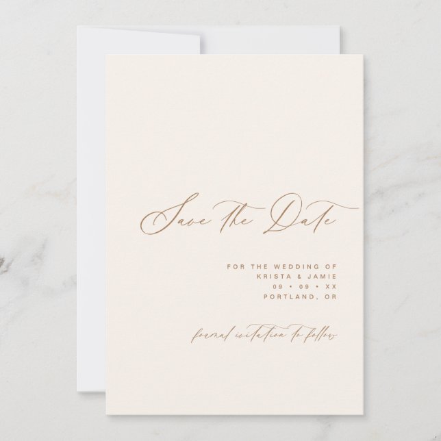 Minimalist Script Ivory & Tan Photo Wedding Save The Date (Front)