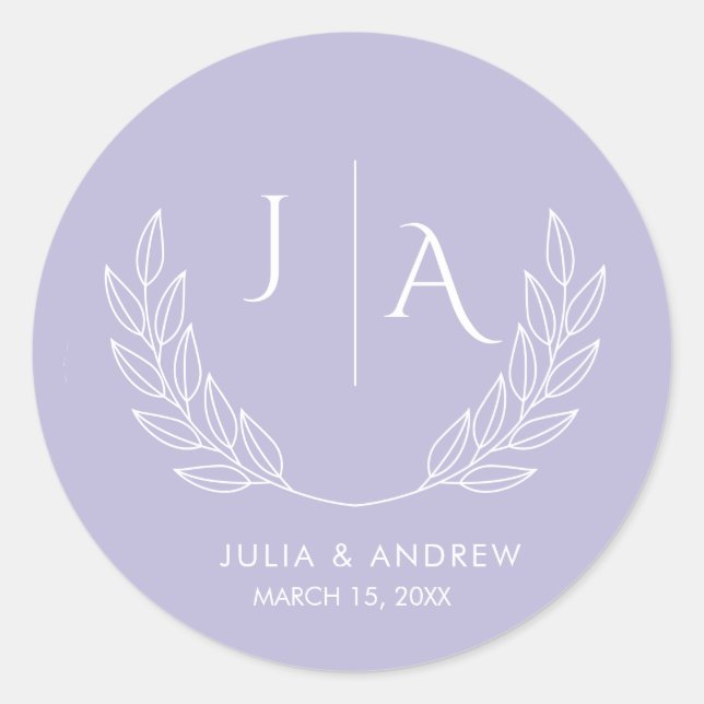 Minimalist script lavender pink Monogram Wedding  Classic Round Sticker (Front)