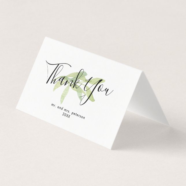 Minimalist Script & Leaves Wedding Thank You Card (Front)
