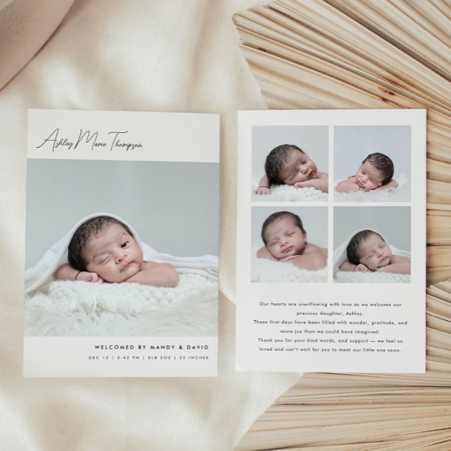 Minimalist Script Lettering 5-Photo Baby Birth Announcement (Creator Uploaded)