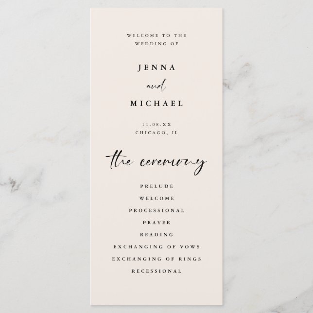 Minimalist Script Light Beige Wedding Ceremony Programme (Front)