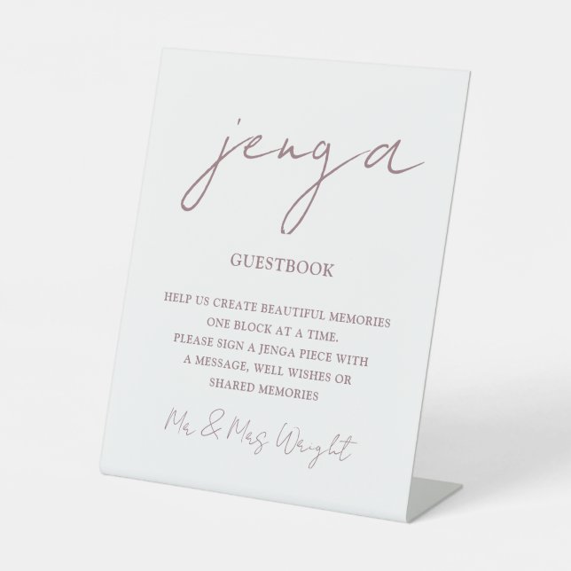  Minimalist Script Mauve Jenga Guestbook Pedestal Sign (Front)