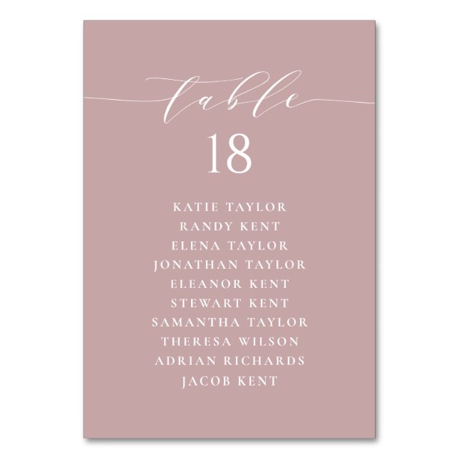 Minimalist Script Mauve Wedding Seating Plan Table Number (Front)
