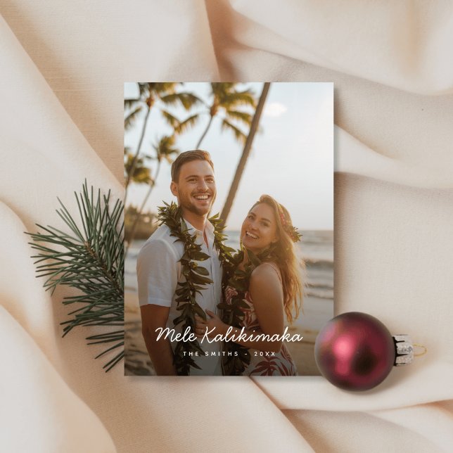 Minimalist Script Mele Kalikimaka Beach Photo Holiday Card (Creator Uploaded)