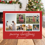 Minimalist Script Merry Christmas Photo Collage Holiday Card<br><div class="desc">Merry Christmas! Send your warm wishes to friends and family this holiday season with a customisable photo collage Christmas card. It features minimalist script typography with a red background. Personalise by adding your custom photos, names, year and other details. This minimal Christmas card is available in other colours and cardstock....</div>