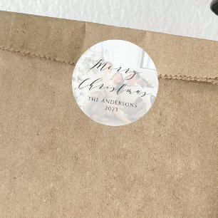 Minimalist Script Merry Christmas Photo Overlay Classic Round Sticker