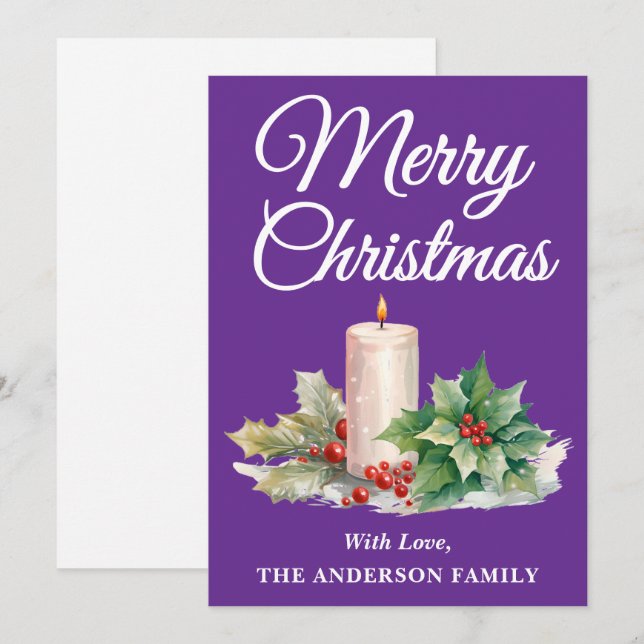Minimalist Script Merry Christmas Purple Holiday Card (Front/Back)