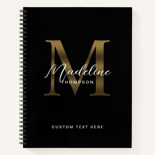 Minimalist Script Metallic Black Gold Monogram Notebook (Front)
