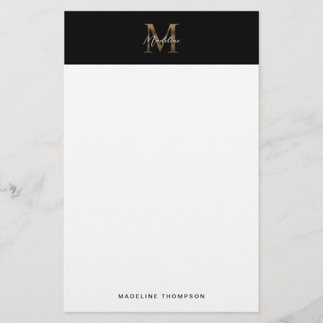 Minimalist Script Metallic Black Gold Monogram Stationery (Front)