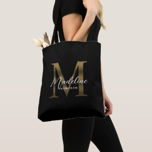 Minimalist Script Metallic Black Gold Monogram Tote Bag
