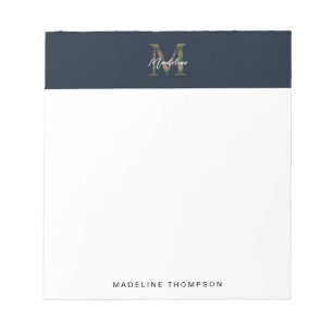 Minimalist Script Metallic Navy Blue Gold Monogram Notepad
