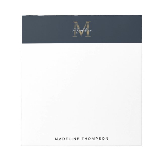 Minimalist Script Metallic Navy Blue Gold Monogram Notepad (Front)