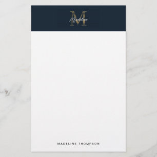 Minimalist Script Metallic Navy Blue Gold Monogram Stationery