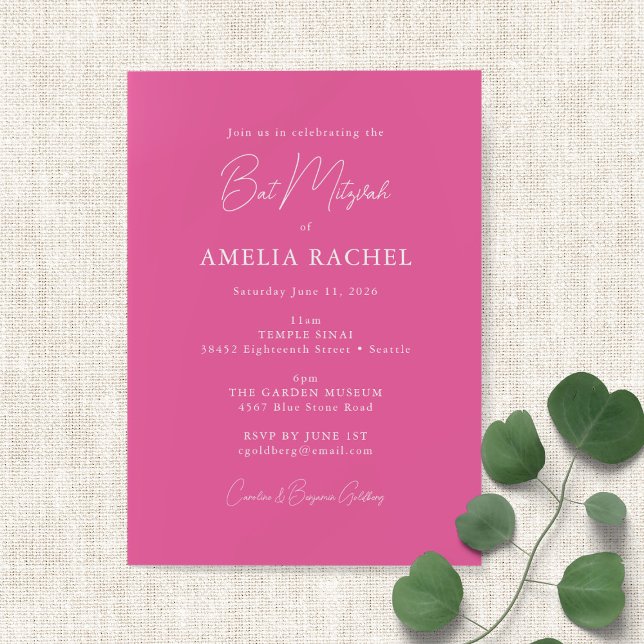 Minimalist Script Modern Bat Mitzvah Hot Pink Cute Invitation (Creator Uploaded)