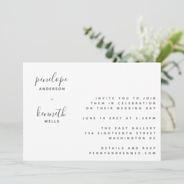 Minimalist Script Modern Wedding | Chic White Invitation (Standing Front)