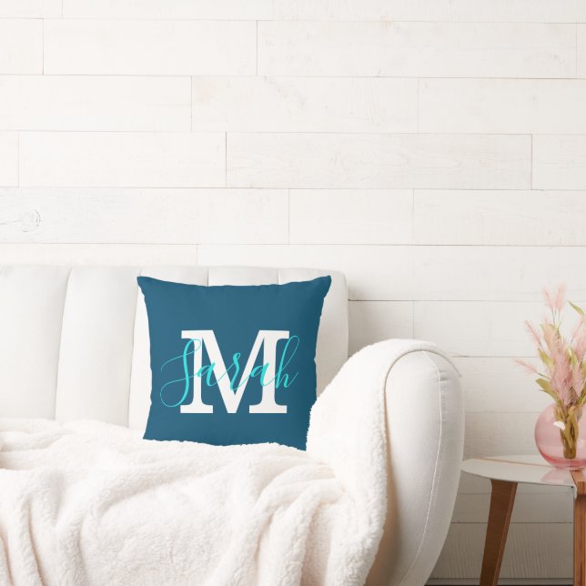 Minimalist Script Monogram Name Blue & Teal Cushion (Couch)