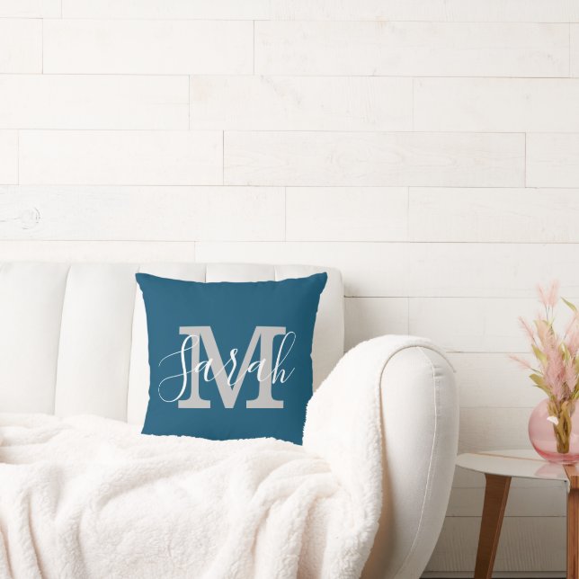 Minimalist Script Monogram Name Blue & White Cushion (Couch)
