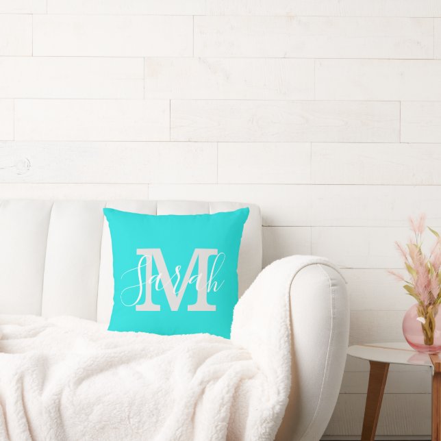 Minimalist Script Monogram Name Bright Teal Cushion (Couch)