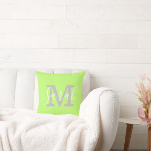 Minimalist Script Monogram Name Neon Green Cushion