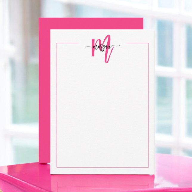 Minimalist Script Monogram One Border Hot Pink Card (Creator Uploaded)