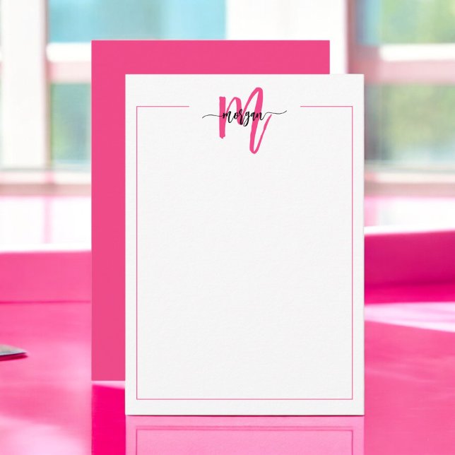 Minimalist Script Monogram One Border Hot Pink Card (Creator Uploaded)