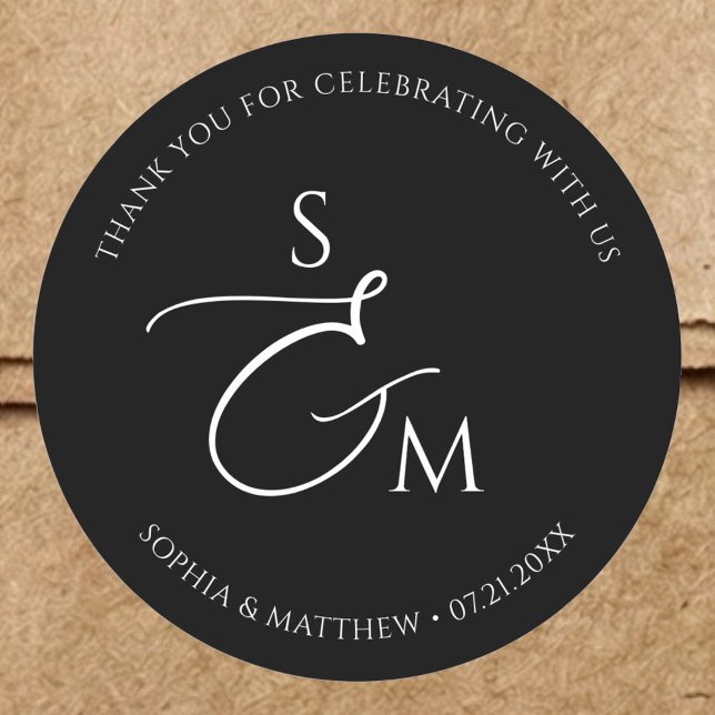 Minimalist Script Monogram Wedding Black Classic Round Sticker (Creator Uploaded)