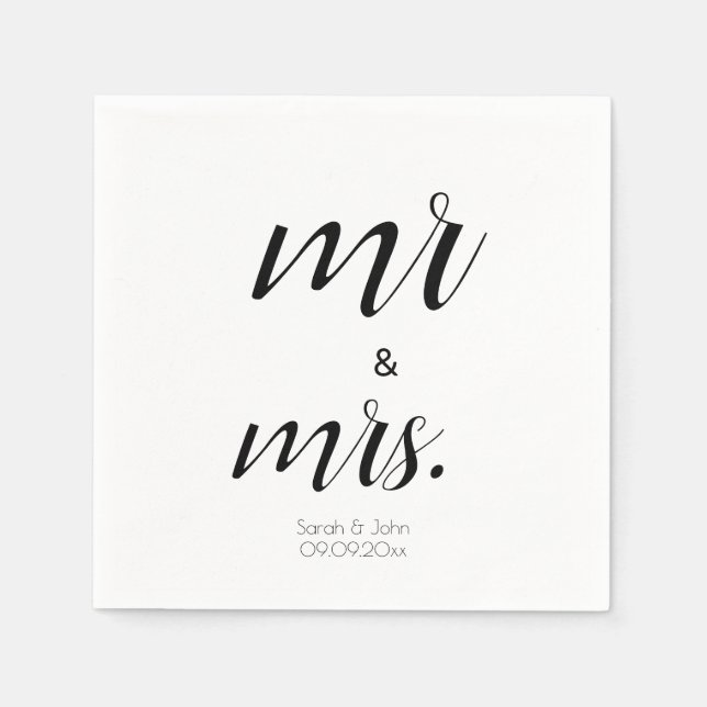 Minimalist Script Mr & Mrs Black & White Wedding  Napkin (Front)