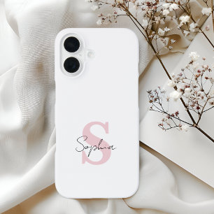 Minimalist Script Name and Pink Monogram Initial iPhone 16 Case