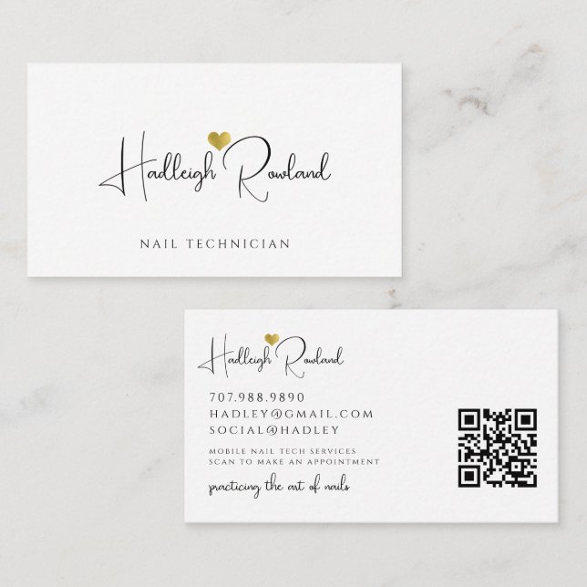 Minimalist Script Name Heart Nail Technician Business Card (Front/Back)